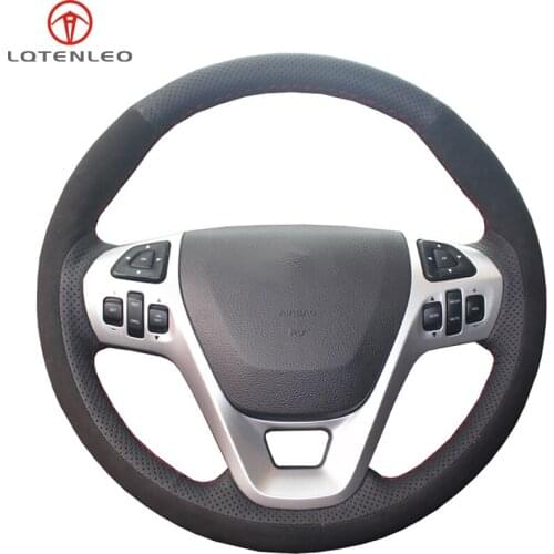LQTENLEO Black Genuine Leather Suede Car Steering Wheel Cover For Ford Explorer 2011-2019 Taurus Flex 2012-2019 Edge 2011-2014