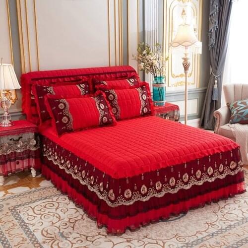 Brushed Lace Bedspread Wedding Queen King Full Ruffle Bedskirt Qulited Bed Cover Headboard Cover Pillowcases Red Blue Yellow