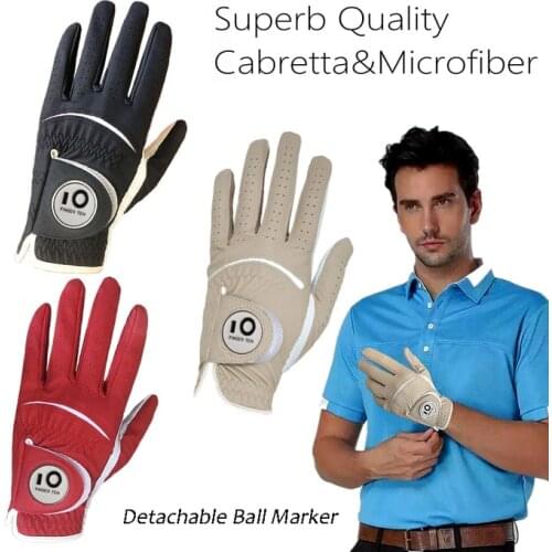 Soft Pu Leather Mens Golf Gloves with Ball Marker Cabretta All Weather Grip Navy Khaki Red