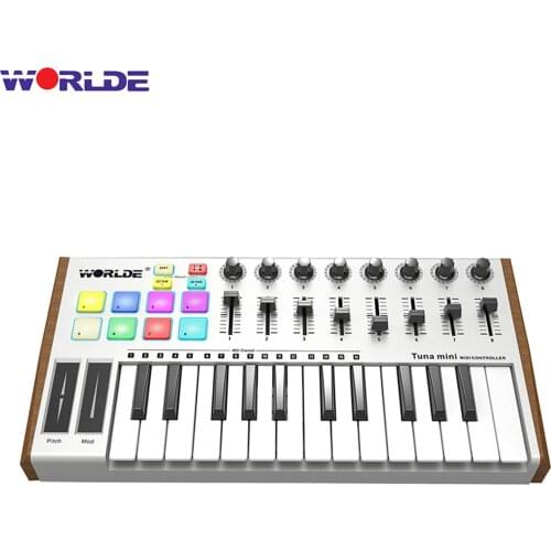 WORLDE MIDI Controller TUNA MINI Portable 25-Key USB MIDI Keyboard Controller 8 RGB Backlit Trigger Pads with 6.35mm Pedal Jack