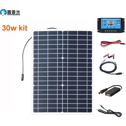 18V 30W DC Solar Panel Kit Flexible Mono Solar Cells With Crocodile Clip+DC to USB Cable+PWM Controller For 12V Battery Charger
