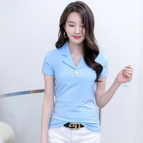 2021 new short-sleeved T-shirt womens suit collar diamond button high-quality casual half-sleeved lapel bottoming shirt