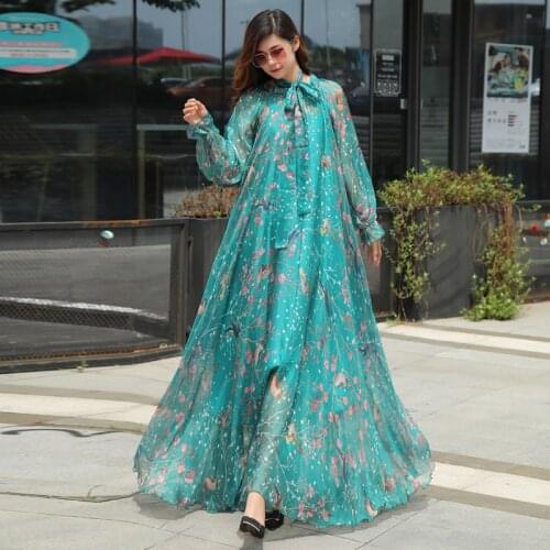2020 New arrives Long Sleeve Floral Print Dress Boho Dresses Plus Size Women Beach Party Garden Maxi Dress vestidos Robe