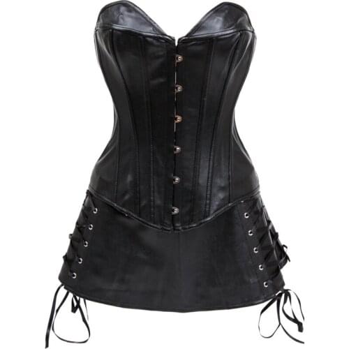 New Arrival Black / Red Gothic Faux Leather Strapless Overbust Corset Women Corpete Corselet corpetes espartilhos With Skirt