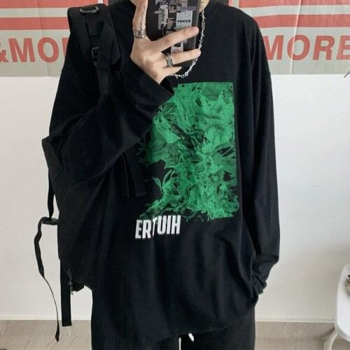 Harajuku Autumn New Hip-hop Trend Cool Flame Printing Loose Long-sleeved O-Neck T-shirt Men Women Casual Tops Tees Anime Shirt