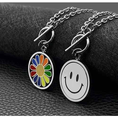Titanium Steel Simple Sunflower Smile face Charm Pendant Necklace Silver Color OT Clasp Chain Necklace For Women Jewelry Gifts