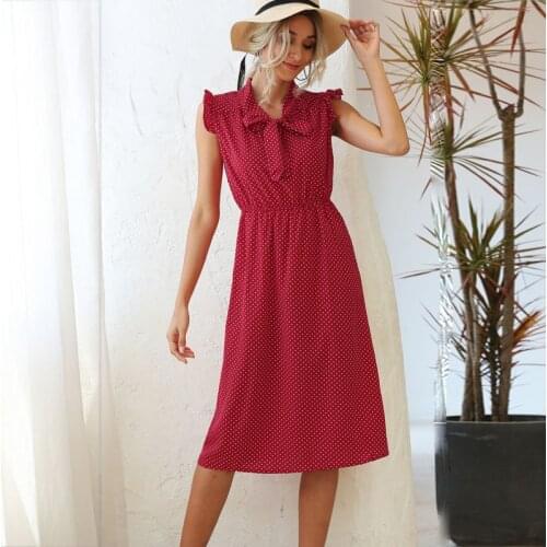 Fashion Print Polka Dot Dress For Woman 2021 Summer Sleeveless Ruffle Lace Up Bowknot Elegant Ladies Slim Midi Dress Robe Femme