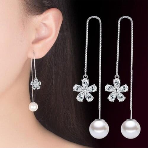 925 Sterling Silver Ice Zircon Flower Pearl Long ChainTassel Earrings For Women Silver Color Jewelry S-E531