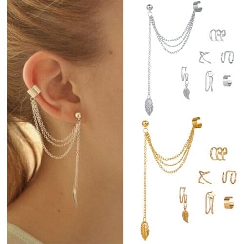 7pcs Fashion Gold Star Leaves Non-Piercing Ear Clip Earrings For Women Simple Fake Cartilage Ear Cuff Jewelry Clip Accessories