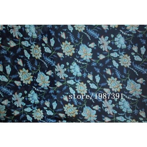 150cm width chiffon fabric blue flowers pattern dark blue background can see through for skirt suit-dress headband CH-7855