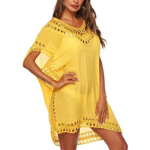 Loose Sexy Bikini Cover Up Women Bat Short Sleeve Hollow Out V Neck Cover Up Dress for Beach swimsuit women 2021 fashion