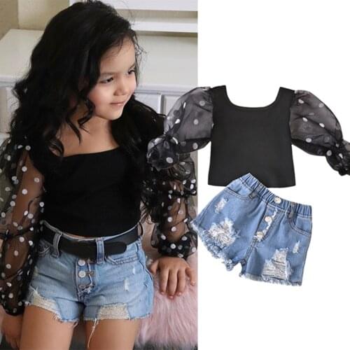 40# Toddler Baby Kids Girls Clothing Polka Dot Print Long Sleeve Mesh Puff Sleeve Knitted Top + Ripped Denim Shorts Ropa Niña