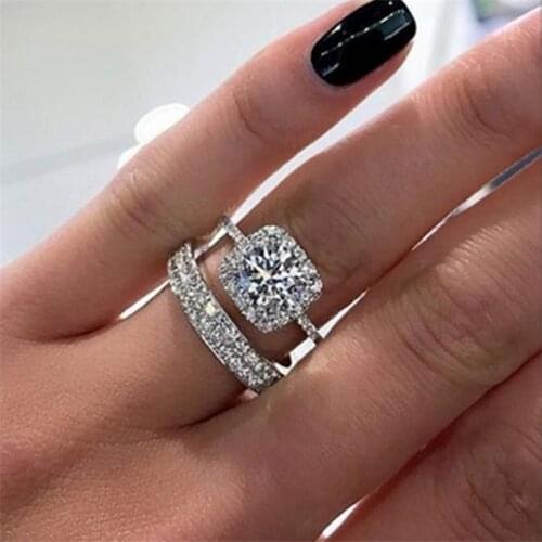 Unique 2 pcs/set Silver Color Zircon Womens Ring Set Engagement Wedding Party Female Rings Jewelry Copper Hand Accessories