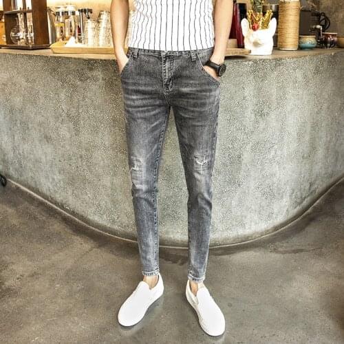 Spring Korean street students Skinny jeans mens gray ankle length pants trendy slim mens feet pants all-match boyspencil pants