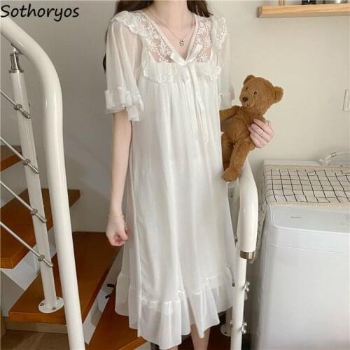 Women Nightgowns Short Sleeve Solid Lace V-neck Mid-calf Sweet Lovely Teens Fashion Draped Sleepwear Cozy Ruffles Fairy Gentle