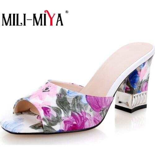MILI-MIYA Women Sandals Slip-On Slippers Floral Sweet Square Heels 5cm Plus Size 34-42 Handmade High Quality For Females