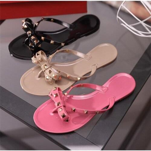 Hot 2021 Fashion Woman Flip Flops Summer Sandals Slippers Cool Beach Rivets Big Bow Flat Shoes Brand Jelly Shoe Girls Size 36-42