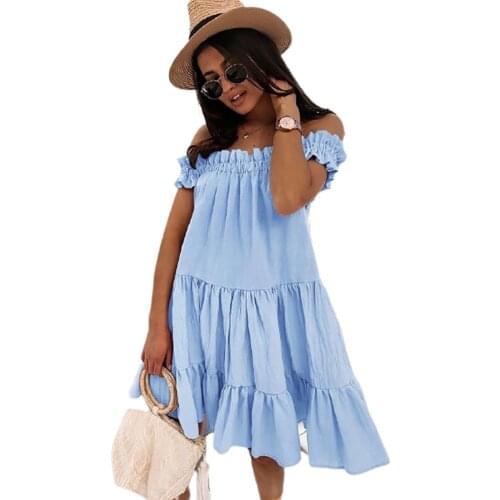 2021 New Womens Summer Hot-Selling One-Line Collar Fashion Loose Ruffled Short-Sleeved Solid Color A-Line Dress