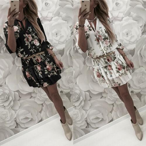 New Fashion Women Rolled Up Long Sleeve Dress V-Neck Floral Tunic Tops Shirt Dress Summer Beach Mini Chiffon Elegant Vestidos