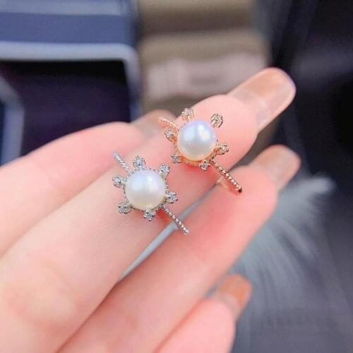 925 Sterling Silver Large Pearl Ring Lady Anniversary Gift 6.5MM Round Peal Flower Shape Solid Silver Ring