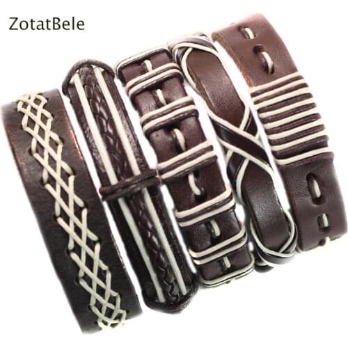 ZotatBele Wholesale 5Pcs Handmade Brown Leather Bracelets Multilayer Braid Wrap Bracelets Bangle Male Rope Chain Men Jewelry X39