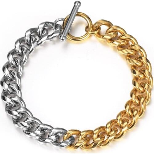 9mm Unique Double Color Stainless Steel Curb Cuban Link Chain Bracelet for Men Women TO Clasp Stylish Jewelry Gifts DDB315