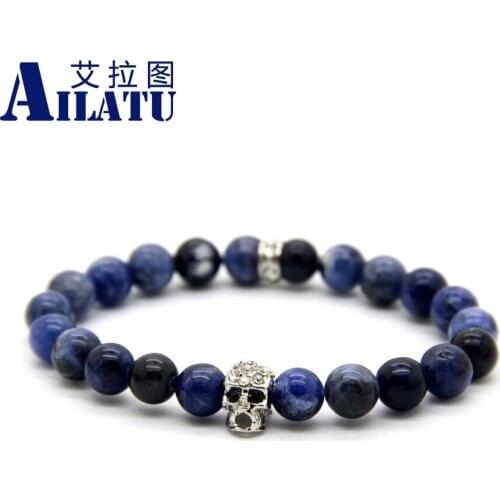 Ailatu Magic Power Mens Skeleton Head Jewelry 8mm Natural Blue Veins Stone Beads with Crystal Skull Hombre Bracciali