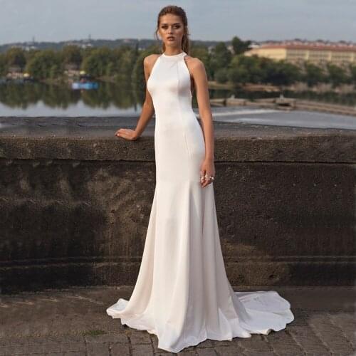 White Satin Wedding Dresses 2020 Soft Elegant Mermaid Off Shoulder Sleeveless Wedding Bridal Gowns Floor Length Bride Dress