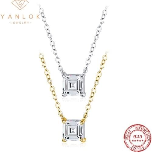 YANLOK 925 Sterling Silver Luxury Emerald Cut Clear Zircon Link Chain Necklaces Pendants For Women Luxury Anniversary Jewelry