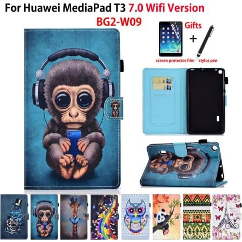 Cartoon monkey Case for Huawei MediaPad T3 7.0 BG2-W09 Cover Funda Silicone PU Leather Stand Shell for Honor Play Pad 2 7.0 +Gift