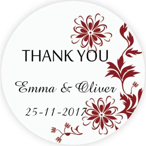 DouxArt 100 Pieces Custom Personalized, THANK YOU Wedding Stickers, 4CM Flowers Communion Baptism Communion Gift Labels P052