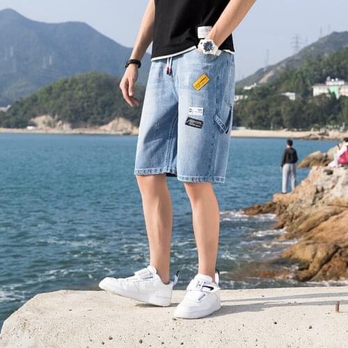 Men Denim Shorts 2020 Streetwear Elastic Waist Breeches Bermuda Male Big Pocket Casual Half Jean Summer Fashion Cargo Shorts Men