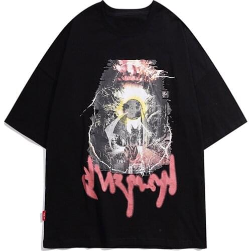Tees Shirts Hip Hop Men Casual Streetwear Punk Rock Gothic Bat Print Short Sleeve Cotton T-Shirts Harajuku Loose Tops