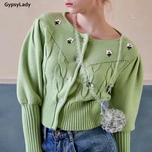 GypsyLady Floral embroidery Sweater cardigan cable knitted Women Sweater Autumn Chic Long Lantern Sleeve Ladies Knitwear Jumper