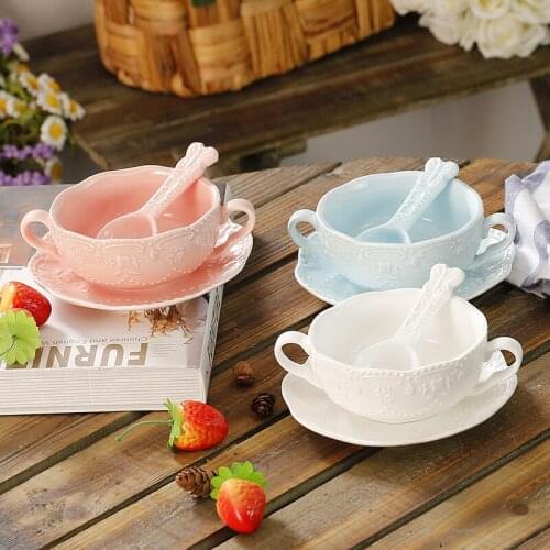 Ceramic Bowl Rice Dish Soup Bowl Ware Pudding Tray Double-ear Basso-relieve Lace Elegant Drink-ware Dessert Bowl Food Container