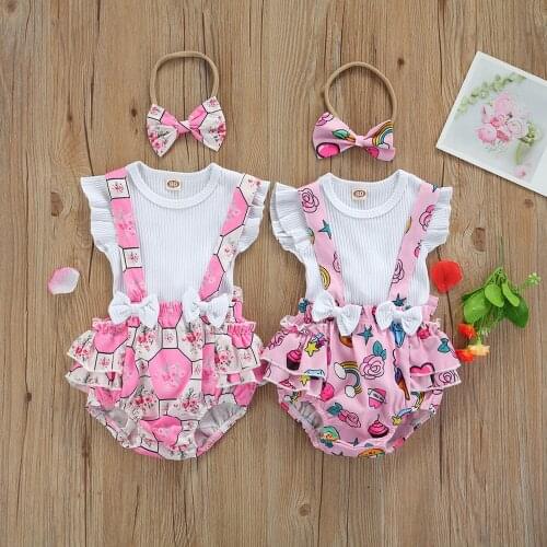 3Pcs Baby Girl Clothes Set Summer Newborn Infant Solid Color Cotton Top Cartoon Printed Shorts Overalls Headband Outfit