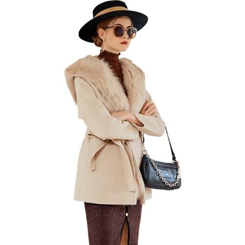 Hot sale Ladies Brand Famous Luxury Hooded Cashmere Coat Outwear Natural Fox Fur Collar Women’s Lamb Wool coats fox fur liner