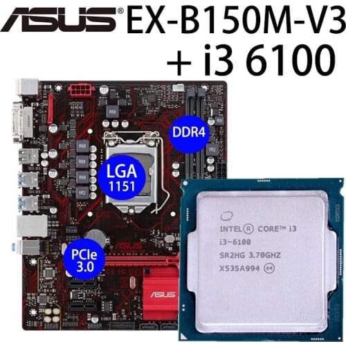 LGA 1151 Asus EX-B150M-V3 + CPU Intel Core i3 6100 Motherboard Set LGA 1151 3MB 32GB DDR4 DVI SATA III B150 Placa-Mãe 1151