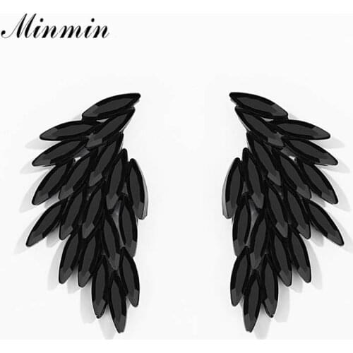 Minmin Black Angel Wings Crystal Stud Earrings Fashion Party Jewelry for Girls Women Vintage Rhinestone Feather Earrings MEH1470