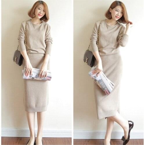 Spirng Auntmun Female Dresses knitted Suit New Womens Cashmere sweaters and Knitting Package Hip Skirts 2 Piece Sets