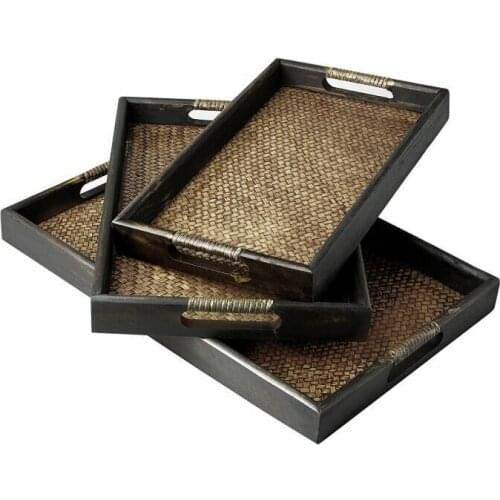 Set of 3 Dark Brown Wood &Woven Rattan Nesting Serving Tray Asian Rustic Style Rectangular Wood Tea Tray With Cut-Out Handles