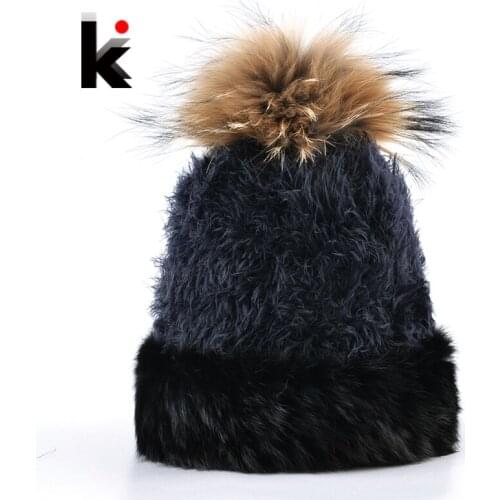 Real Rabbit Fur Knitted Beanies Hat Women Autumn Winter Knit Solid Color Fluffy Hats With Fur Pompoms Ball Skullies Caps Ladies