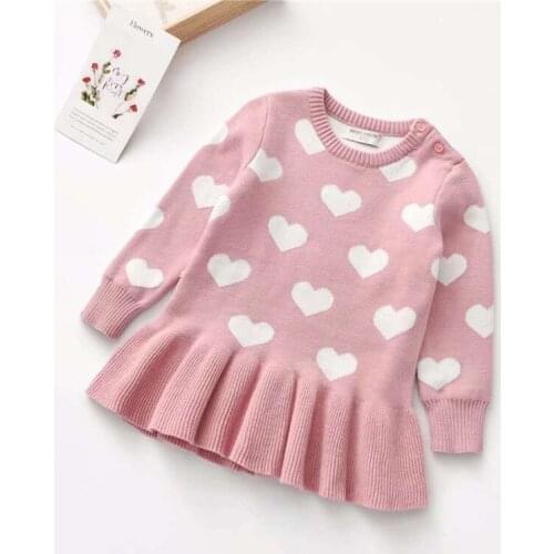 Girls Dress Autumn Winter Wool Knitting Sweater Dresses Heart Printed Ruffles Long Sleeve Kids Pink Red Princess Pullovers