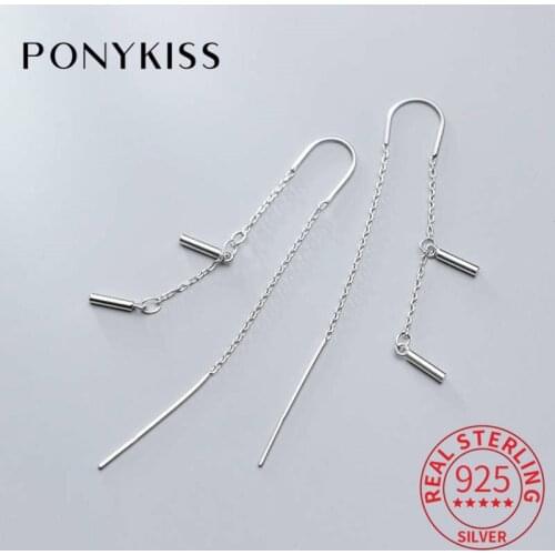 PONYKISS 100% 925 Sterling Silver Zircon Tassel Geometric Dangle Drop Earrings Party Anniversary Fashion Simple Accessory Gift