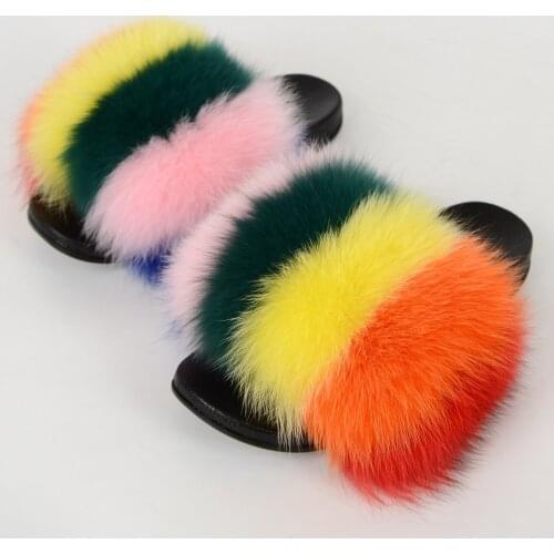 WUCIFO Fox fur slides For women summer shoes home woman luxury furry slippers sandals indoor female fluffy cute 2021 new