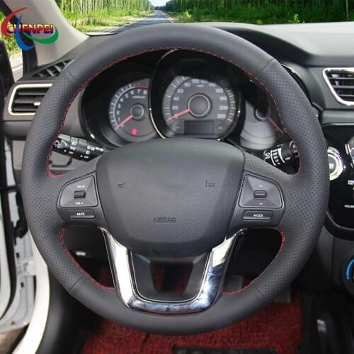 DIY Hand-stitched Non-slip Black Leather Car Steering Wheel Cover For Kia K2 2010-2016 Rio 2011-2016 Car Interior Decoration