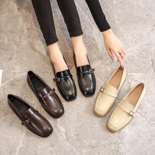 Retro Belt buckle small leather shoes women flats derbies two ways slip on loafers square toe wood heels oxford shoes woman 2021