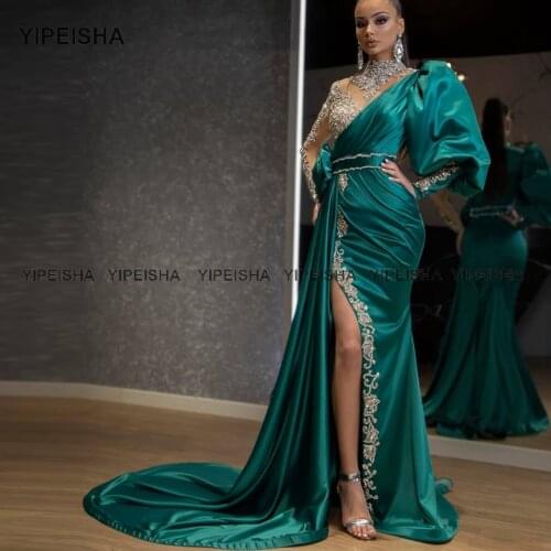 Yipeisha Arabic Evening Dress High Neck Crystals Puff Sleeves Mermaid Long Prom Dress Beaded Dubai Party Gown with Sleeves