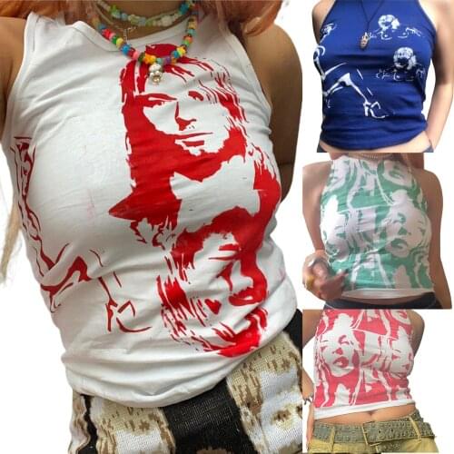 Women Summer Tank Tops, Portrait Print O-Neck Sleeveless Form-Fitting Crop Tops for Girls 2021 New Fashion