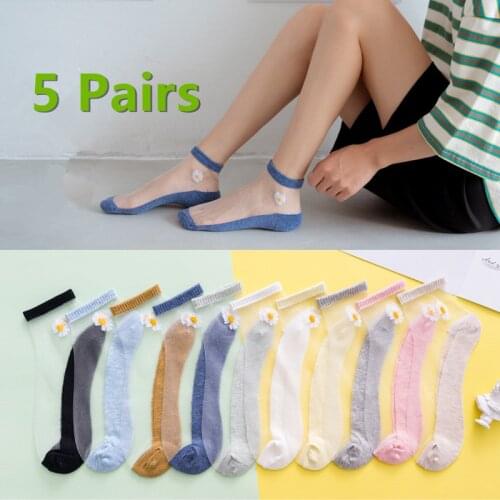 5Pairs/Lot Women Socks for summer Ultra-thin Transparent Cass Glass fiber Silk Socks Fashion daisy Flower Japan Ankle Socks